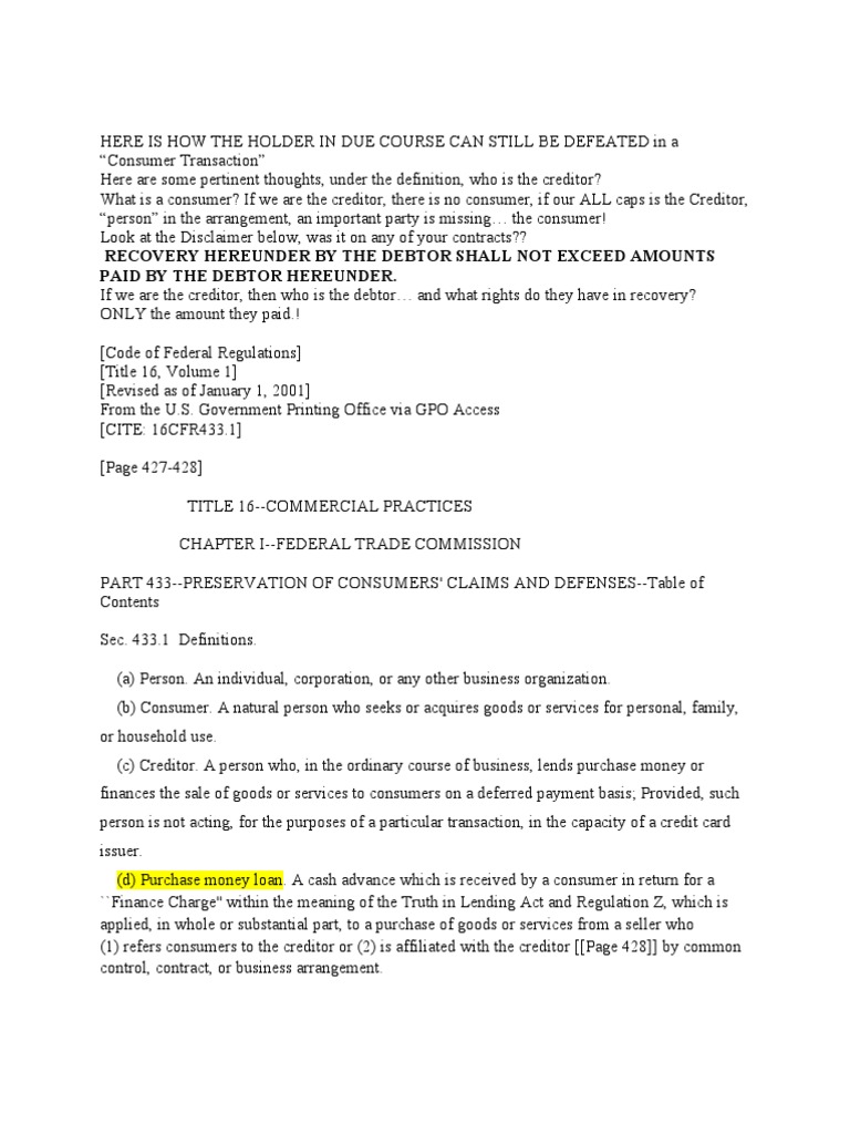 Defeating Holder in Due Course Status in Consumer Transactions PDF