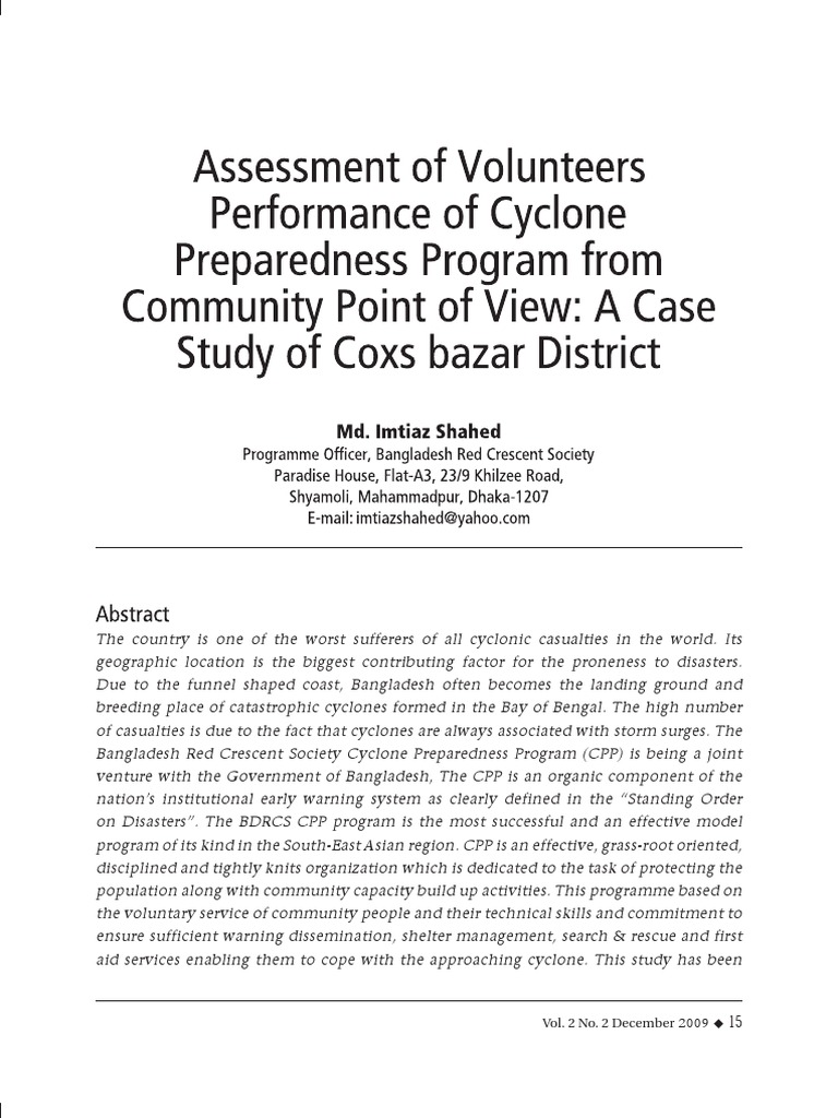 Assessment of Volunteers Performance of Cyclone Preparedness Programme ...