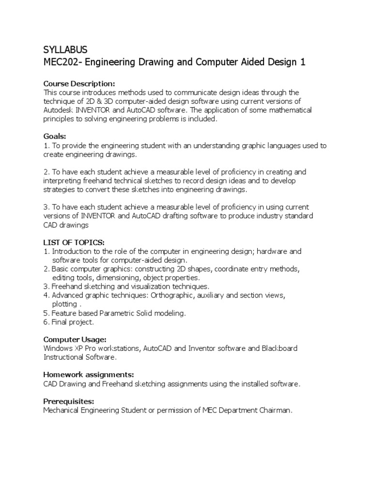 MEC202: CAD and Engineering Drawing Syllabus | PDF | Computer Aided ...