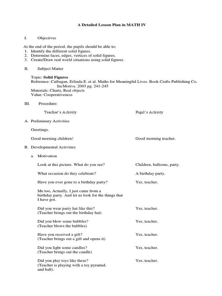 Solid Figures Lesson Plan for Grade 4 | PDF | Vertex (Geometry) | Shape