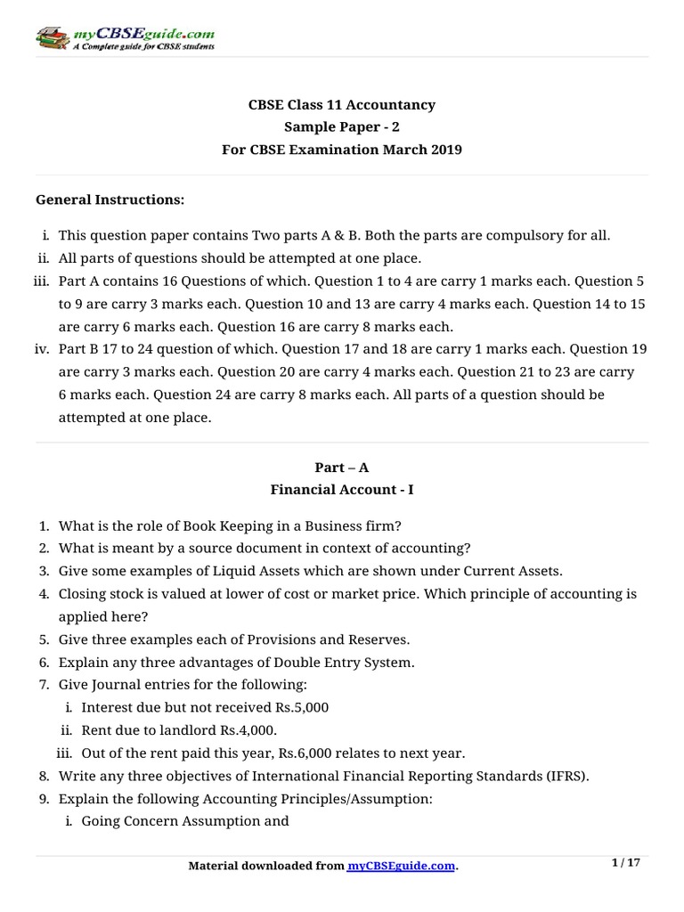 CBSE Class 11 Accountancy Sample Paper | PDF | Bad Debt | Debits And ...