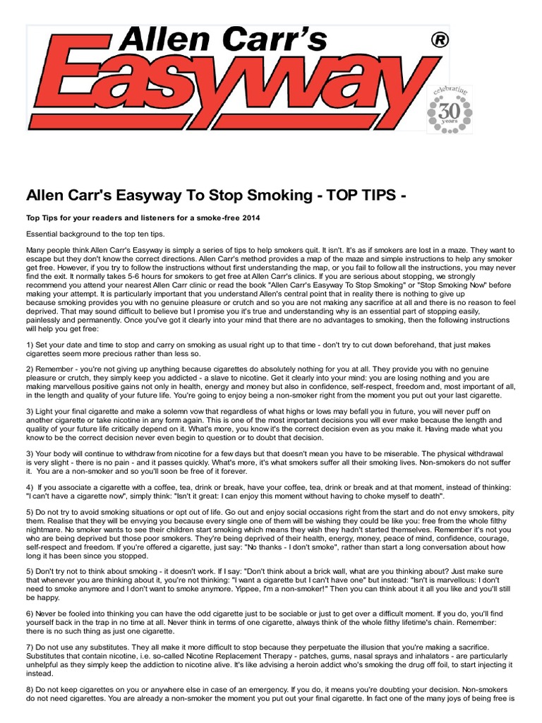 Allen Carr's Easyway To Stop Smoking TOP TIPS PDF | PDF | Allen Carr ...