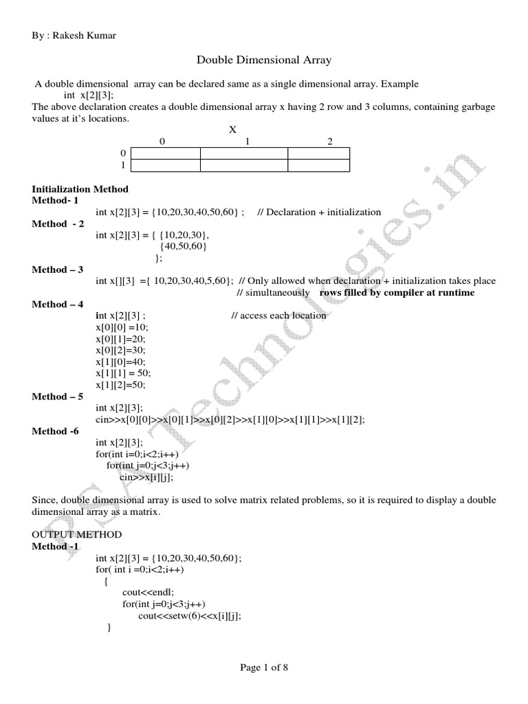 Double Dimensional Array: Initialization Method Method-1 Method - 2 ...