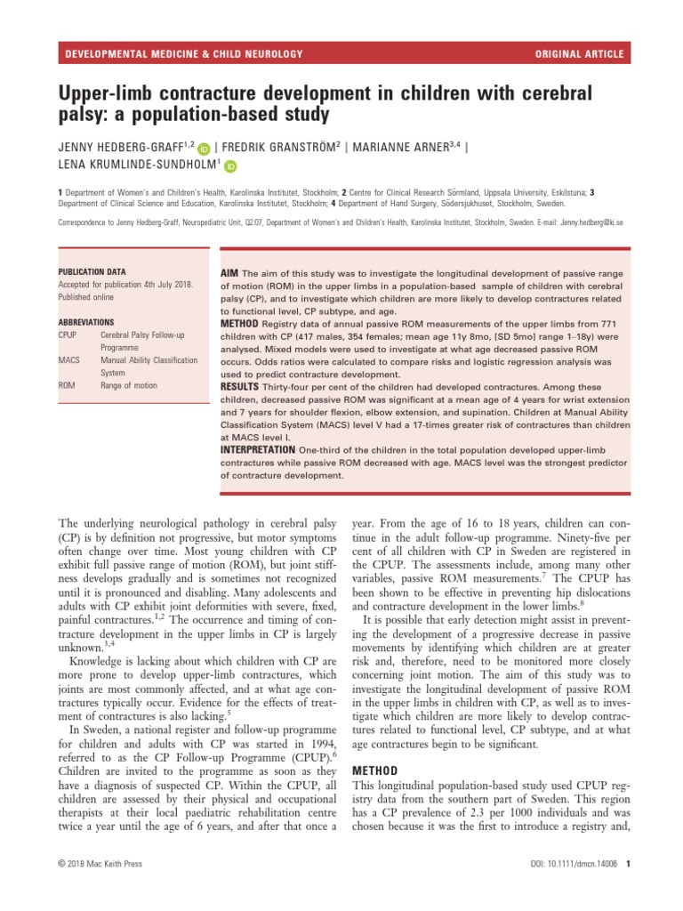 Upper-Limb Contracture Development in Children With Cerebral Palsy: A ...