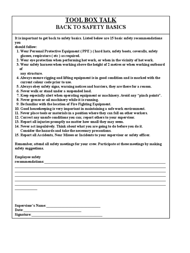 Tool Box Talk Back To Safety Basics PDF
