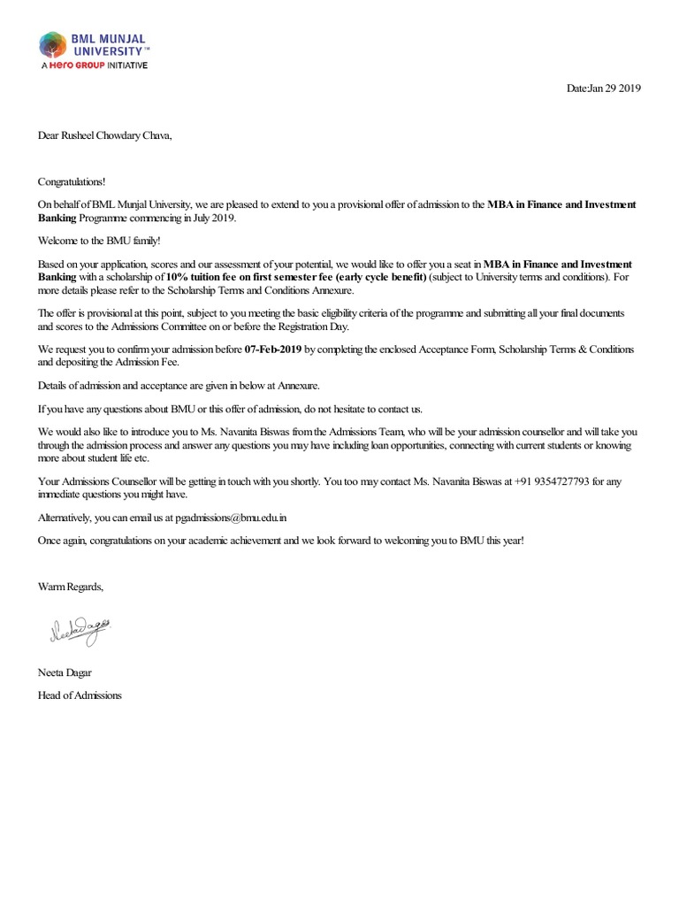 Admission Offer Letter PDF | PDF | Payments | Banks