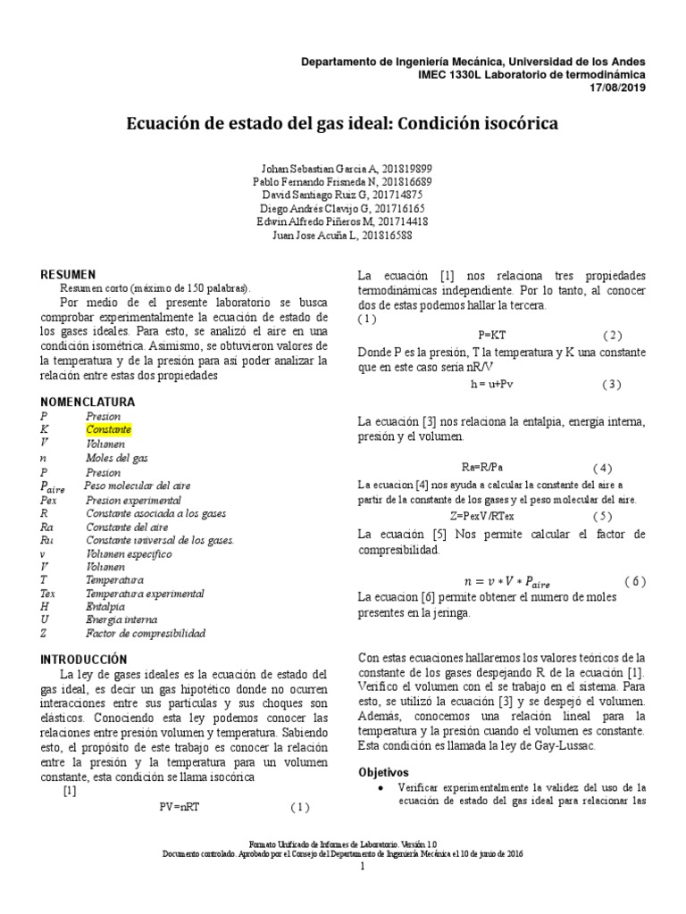 Ecuación de Estado del Gas Ideal: Prueba Isocórica | PDF | Gases ...