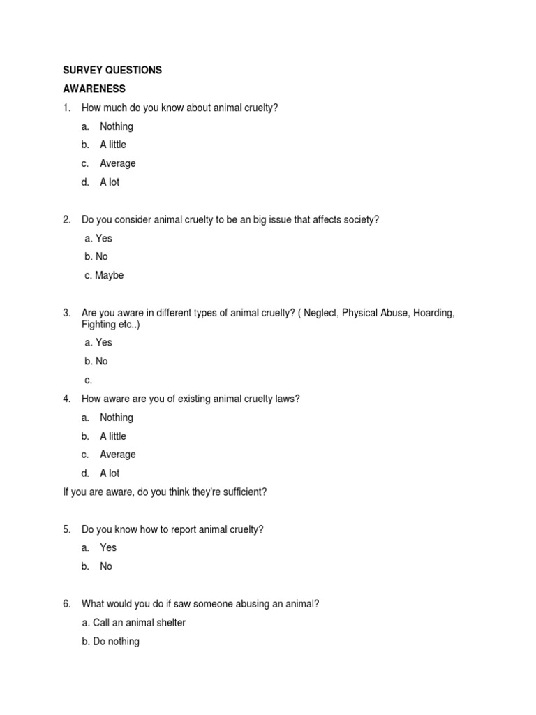 Survey Questions Awareness | PDF | Pet | Cruelty To Animals