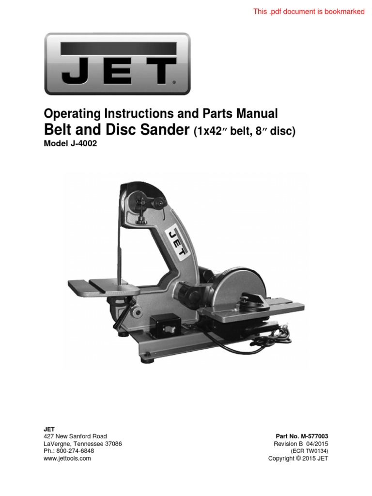 Belt and Disc Sander Operating Instructions and Parts Manual PDF
