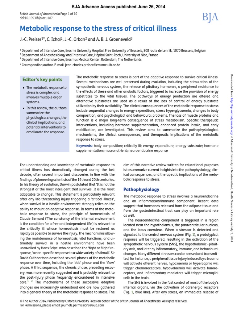 Metabolic Response To The Stress of Critical Illness | PDF ...