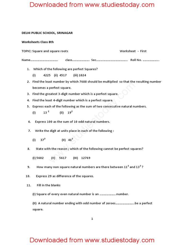 Squares and Square Roots Assignment 12 | PDF | Numbers | Mathematical ...