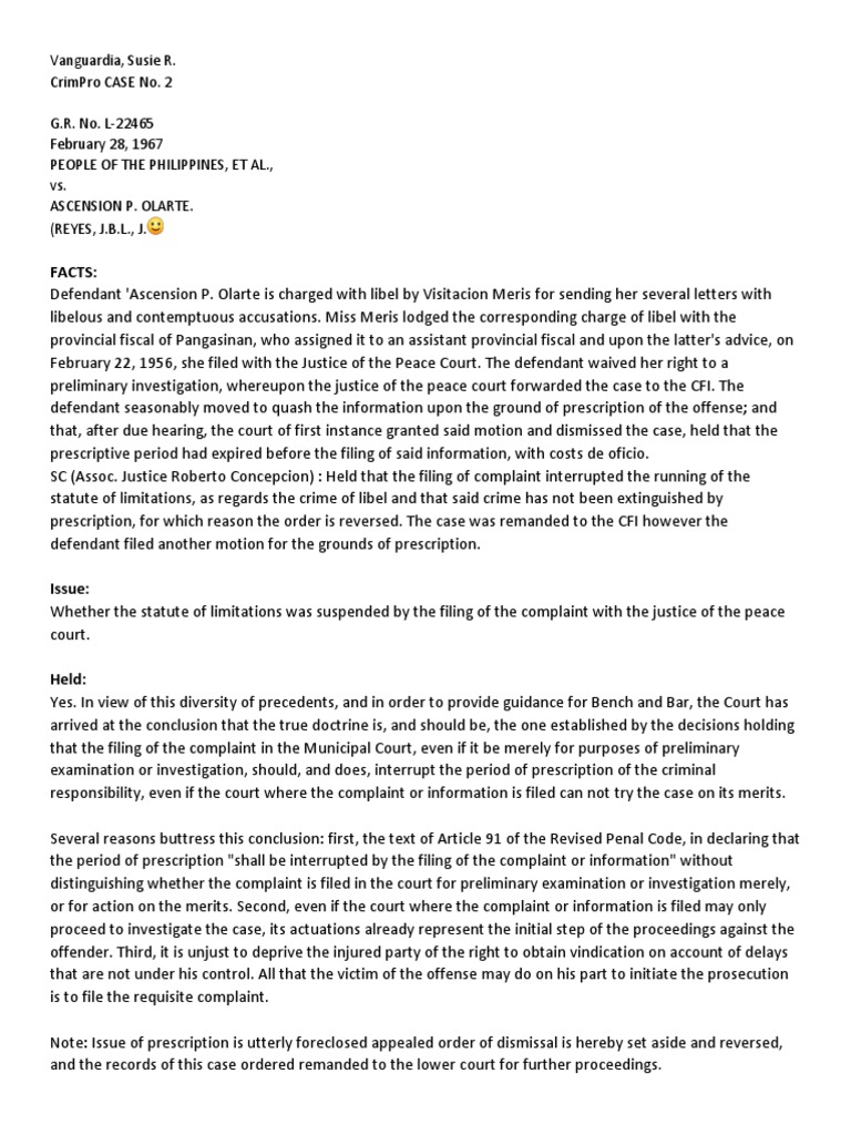 People Vs Olarte PDF Statute Of Limitations Defamation