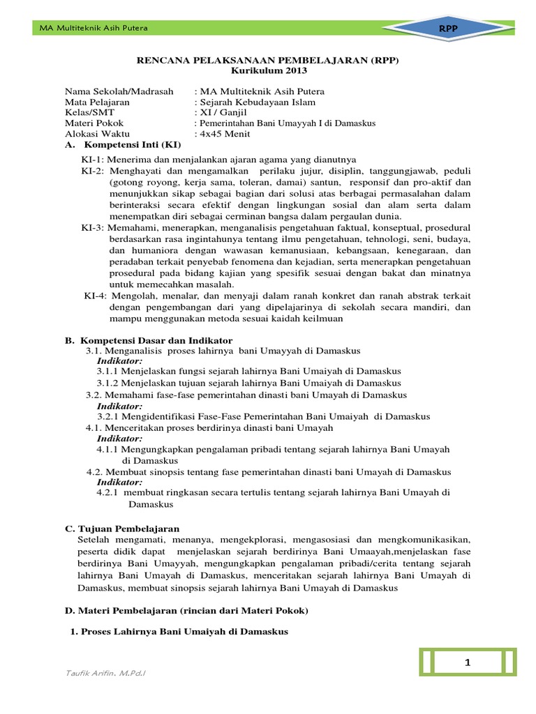 06 Rpp Sejarah Kebudayaan Islam Kelas Xi Taufik Arifin 2018 2019