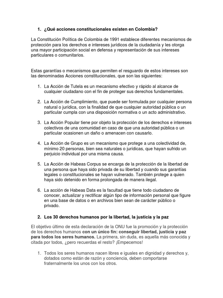 Acciones Constitucionales en Colombia | PDF | Derecho Constitucional ...