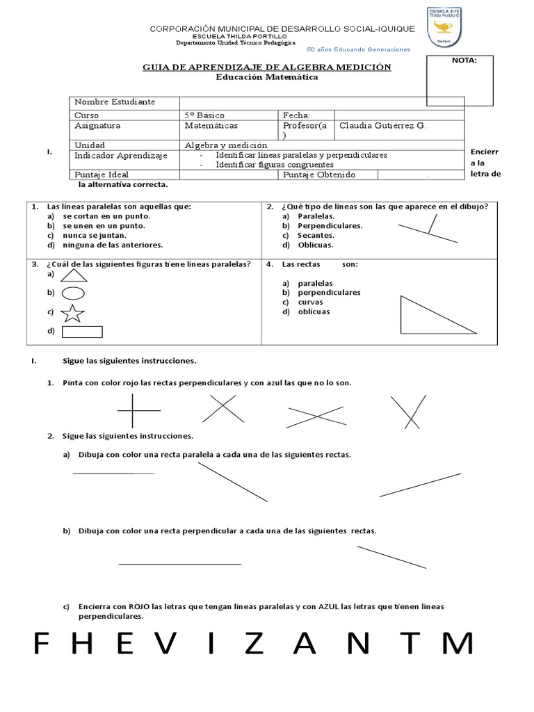 Hoja De Trabajo De Geometría Con Líneas Paralelas Y Perpendiculares ...