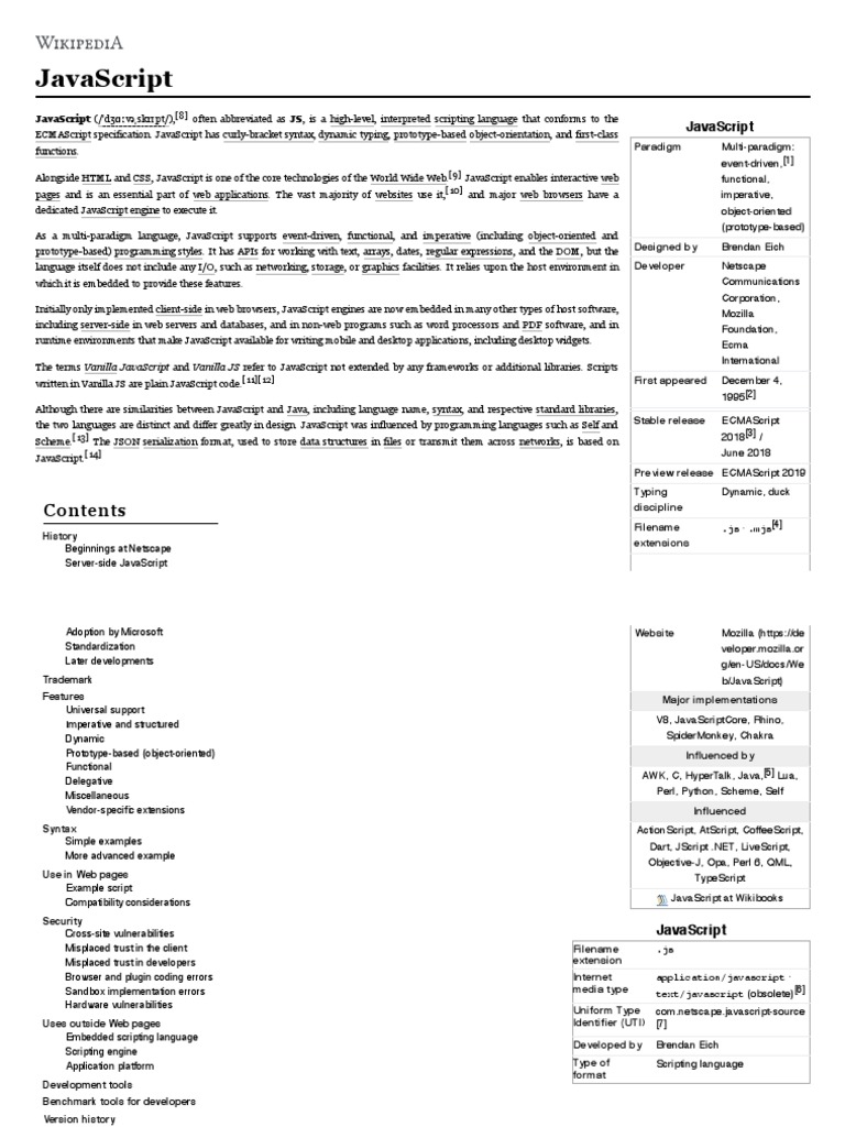 JavaScript Wikipedia PDF | PDF | Java Script | Document Object Model