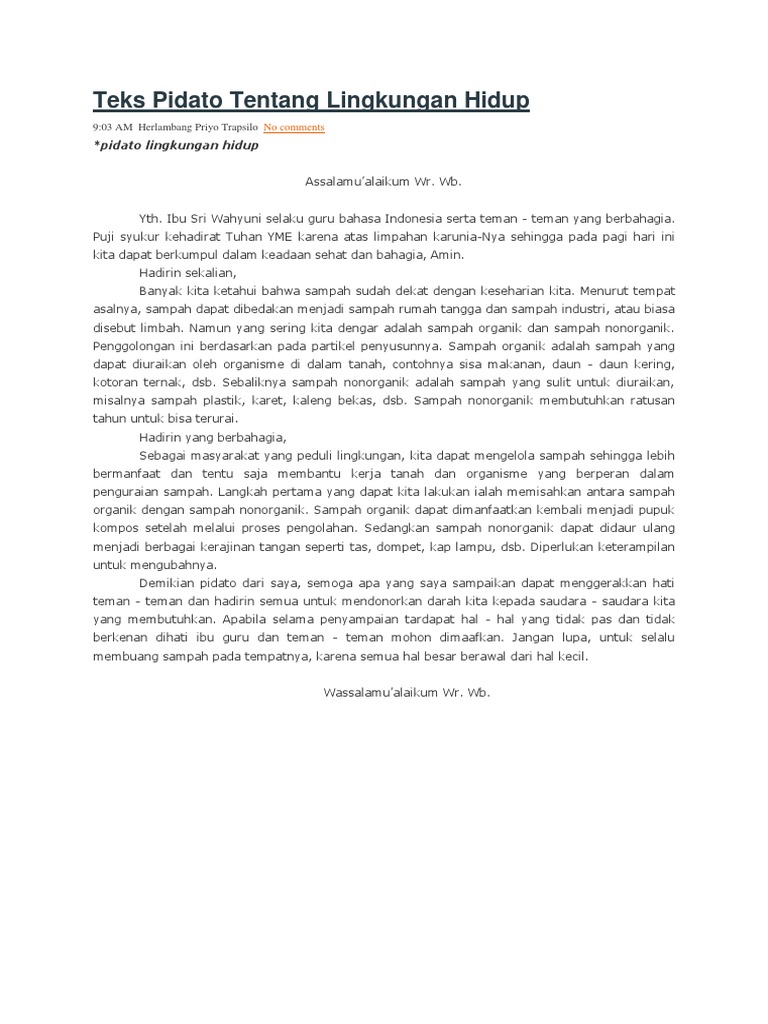 Teks Pidato Tentang Lingkungan Hidup  PDF