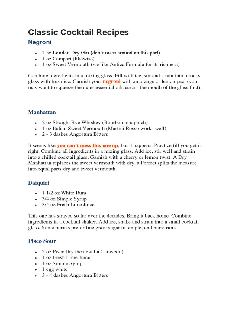 Classic Cocktail Recipes PDF Distilled Drinks Bartending