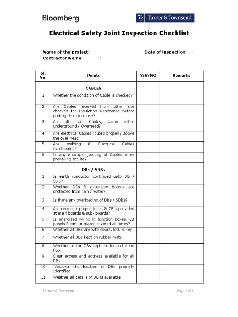 Electrical Safety Inspection Checklist | PDF | Electrical Wiring ...