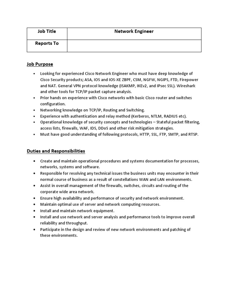 JD For Network Engineer | PDF | Cisco Certifications | Firewall (Computing)