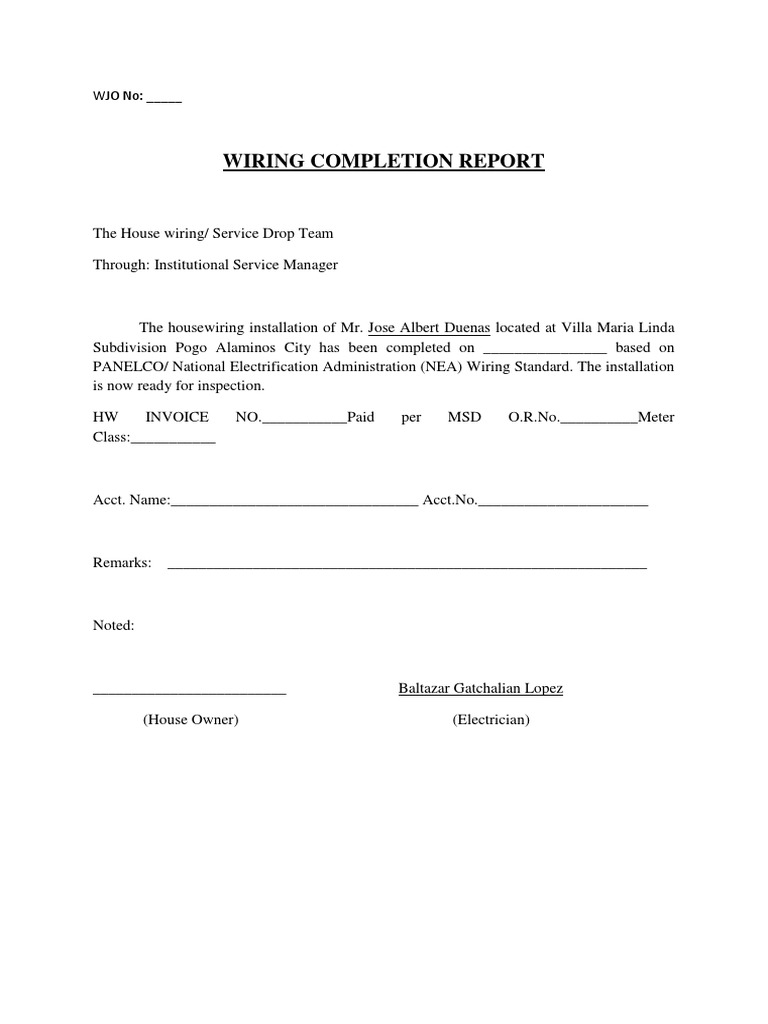 Wiring Completion Report: WJO No | PDF | Technology & Engineering