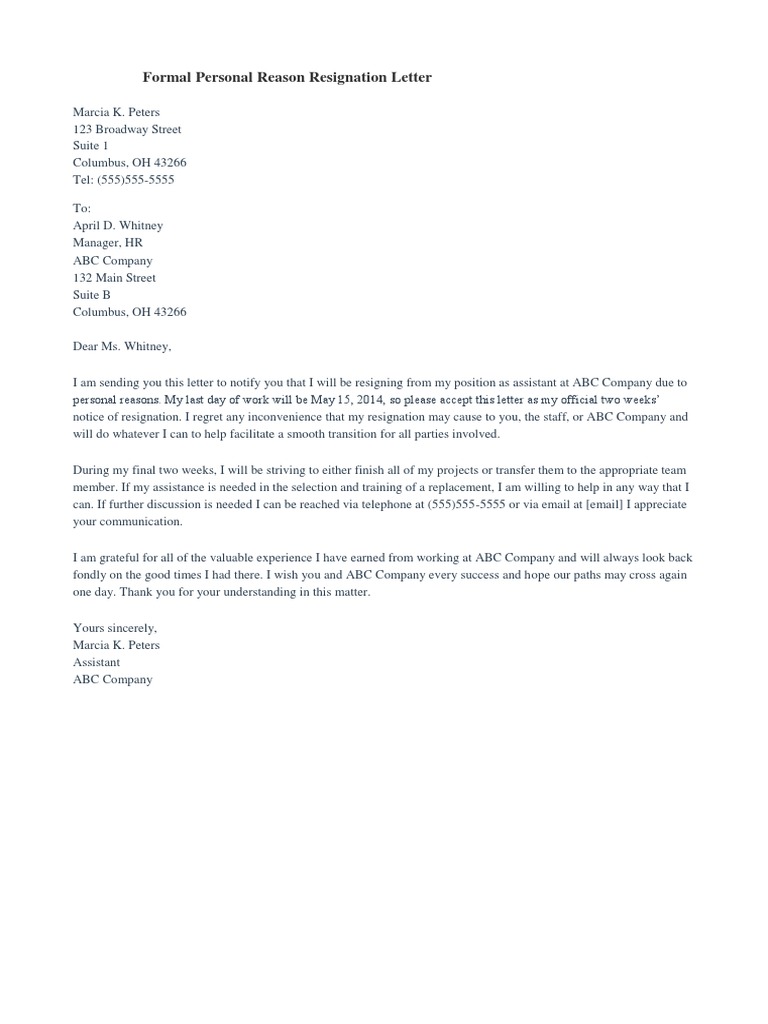 11 Resignation Letter For Personal Reason Doctemplates