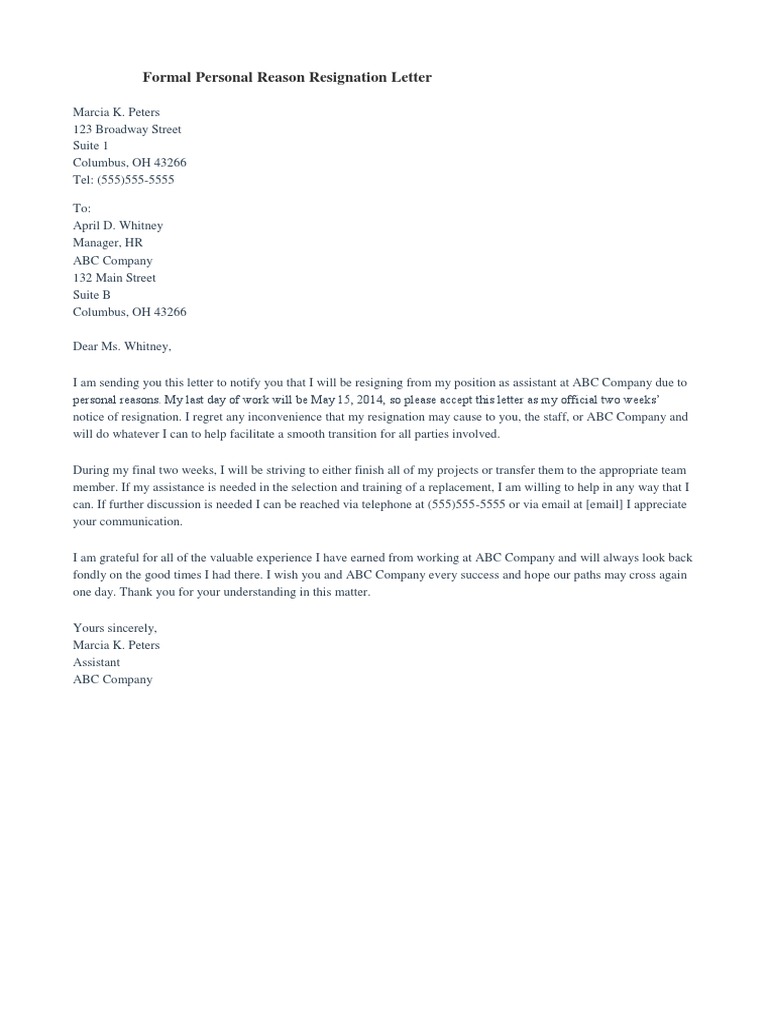 Formal Personal Reason Resignation Letter