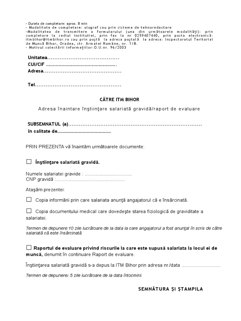 Adresa Instiintare Salariata Gravida Raport Evaluare