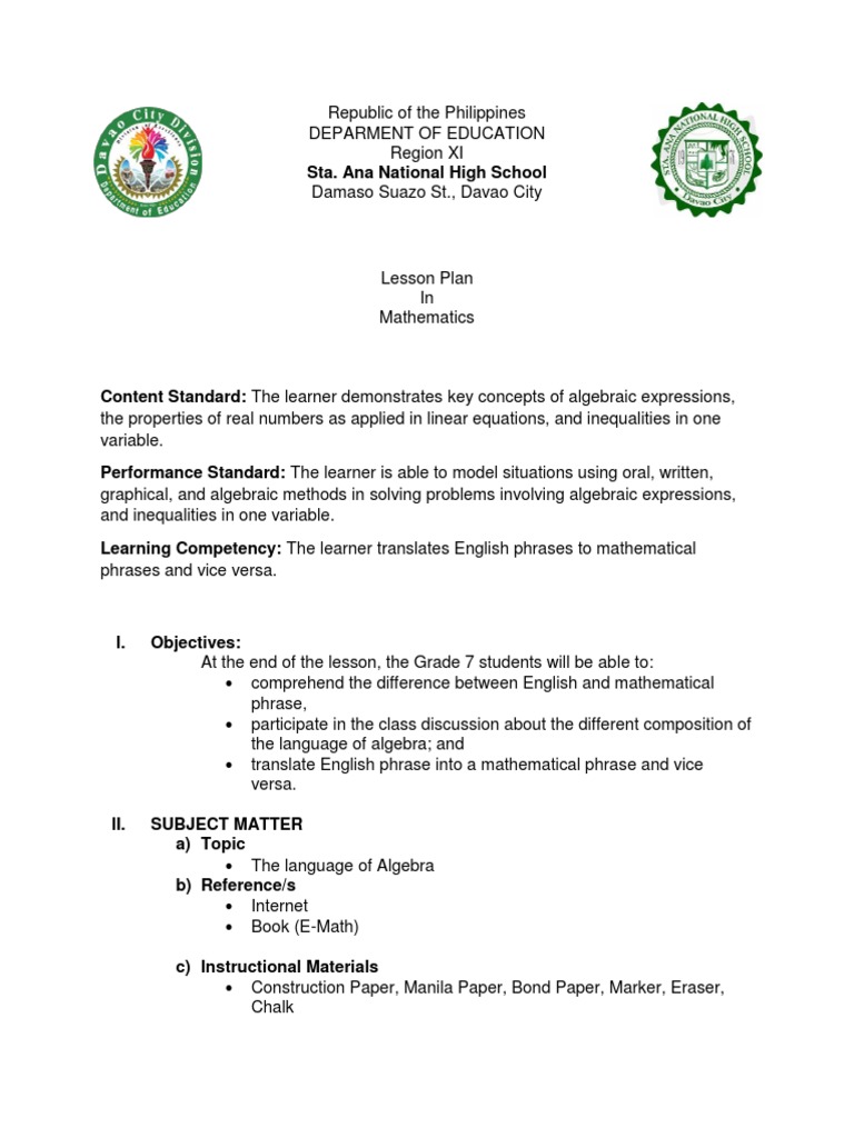 Algebraic Expressions Lesson Plan | PDF | Subtraction | Algebra