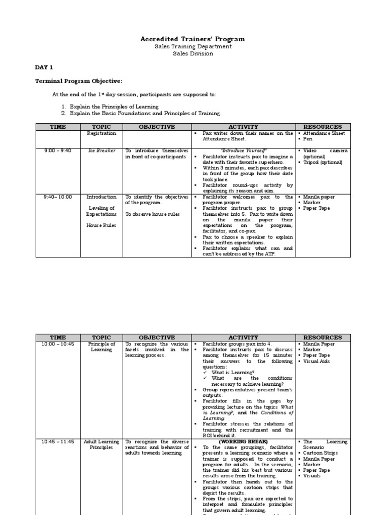 Accredited Trainers' Program: Day 1 Terminal Program Objective | PDF ...