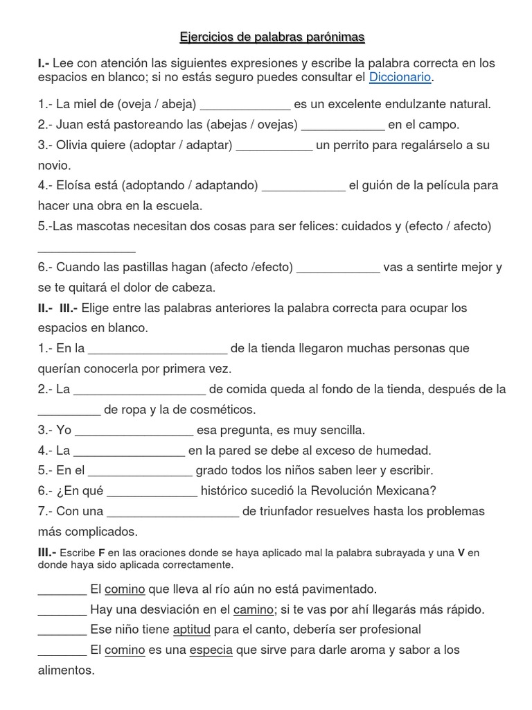 Ejercicios de Palabras Parónimas | PDF | Artes del Lenguaje y ...