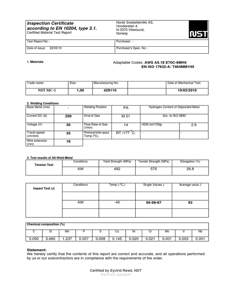 Inspection certificate according to en 10204 type 3 1 en iso 17632 a