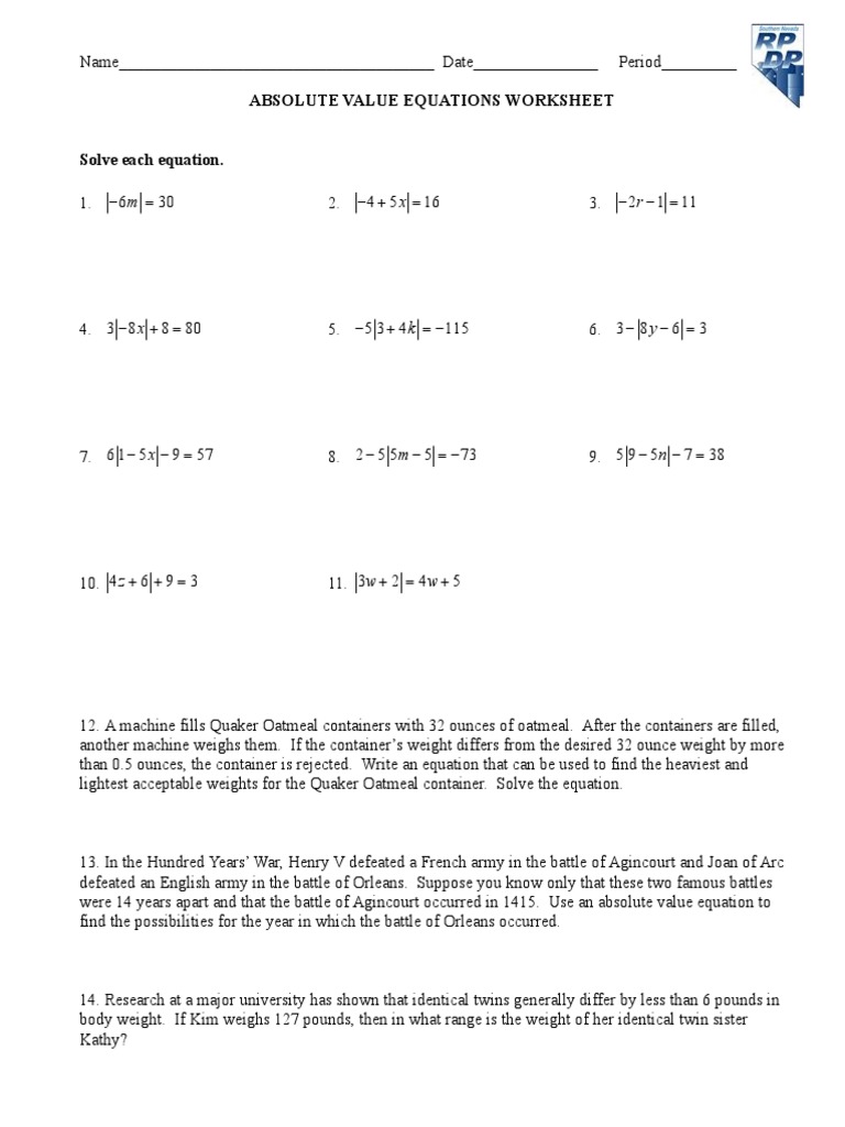 Absolute Value Equations Worksheet | PDF
