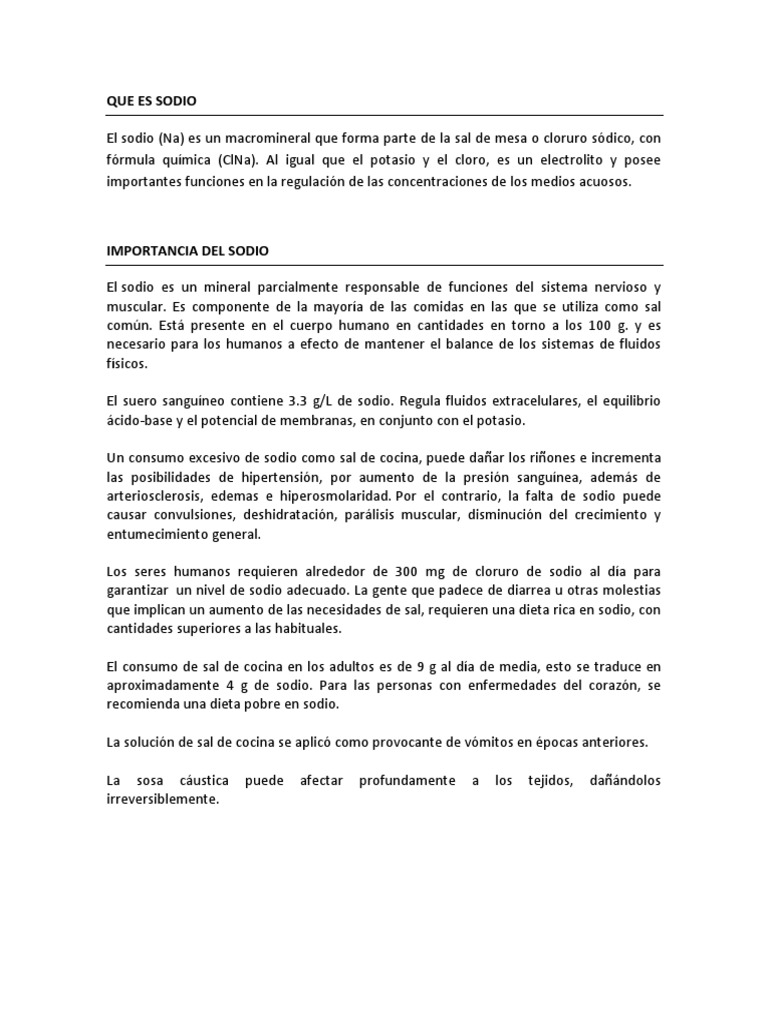 Funciones y Efectos del Sodio en el Cuerpo | PDF | Sodio | sal
