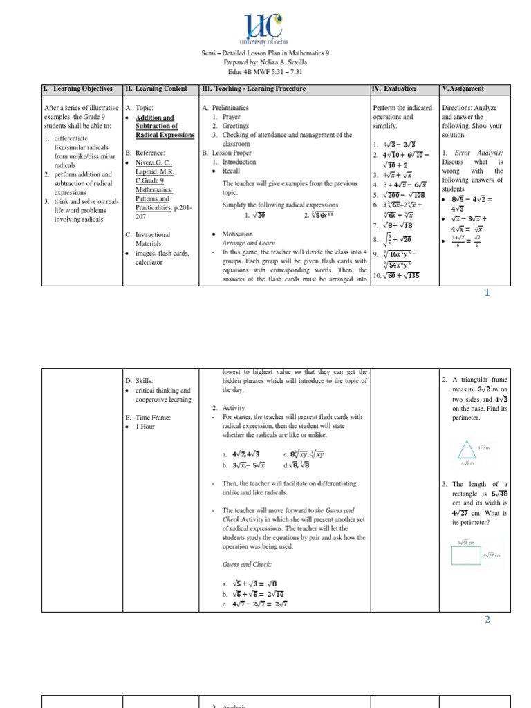 Grade 9 Lesson Plan: Radicals | PDF | Lesson Plan | Cognition