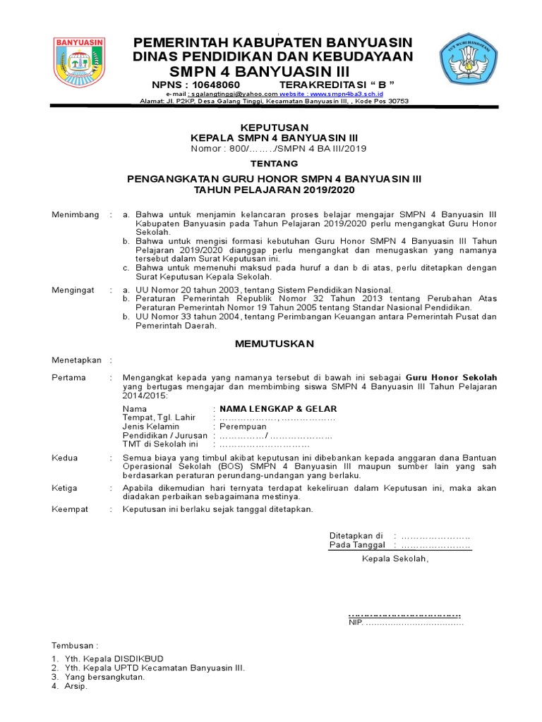 Contoh sk guru honorer 2020 doc Hal ini agar Madrasah swasta mempunyai legalitas hukum yang kuat.