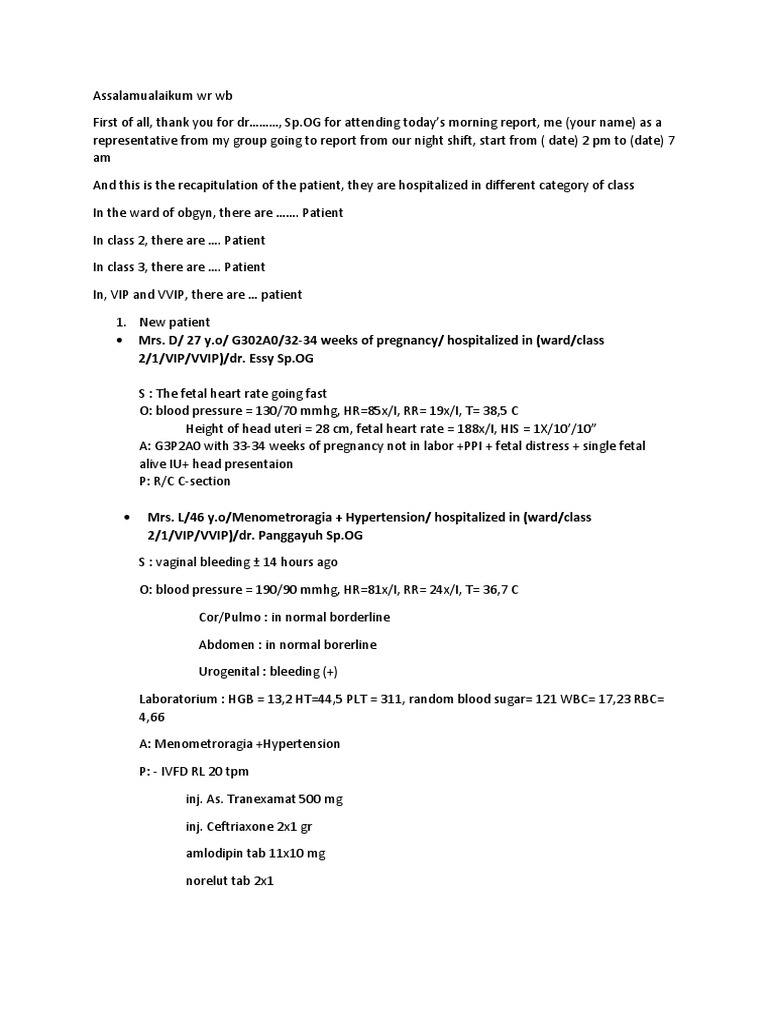 Morning Report Summary of Obstetrics and Gynecology Patients from the