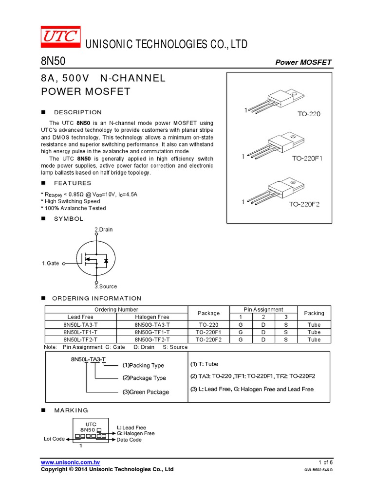 Mosfet 8N50 | PDF | Mosfet | Electrical Components