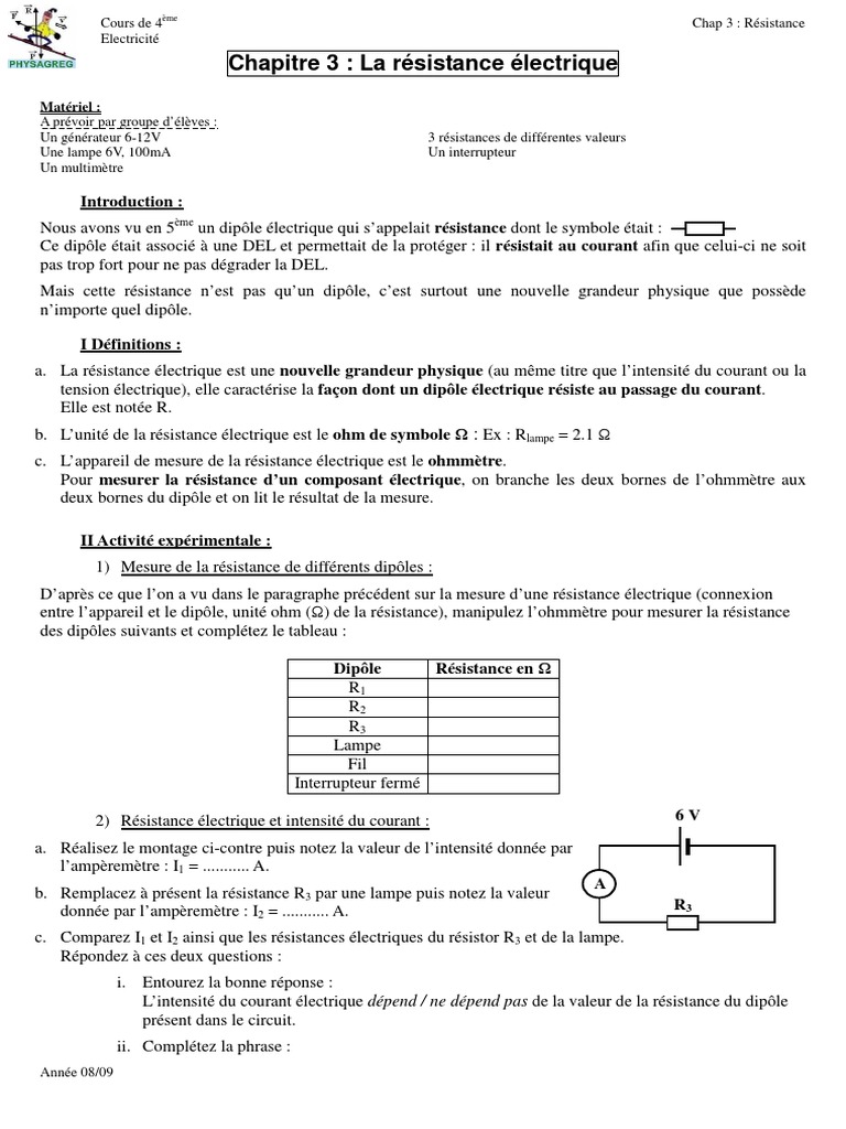 La Resistance Electrique Pdf Resistance Electricite Electricite