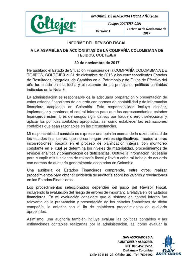 Informe Final De Revisoria Fiscal Coltejer Auditoría Estado Financiero