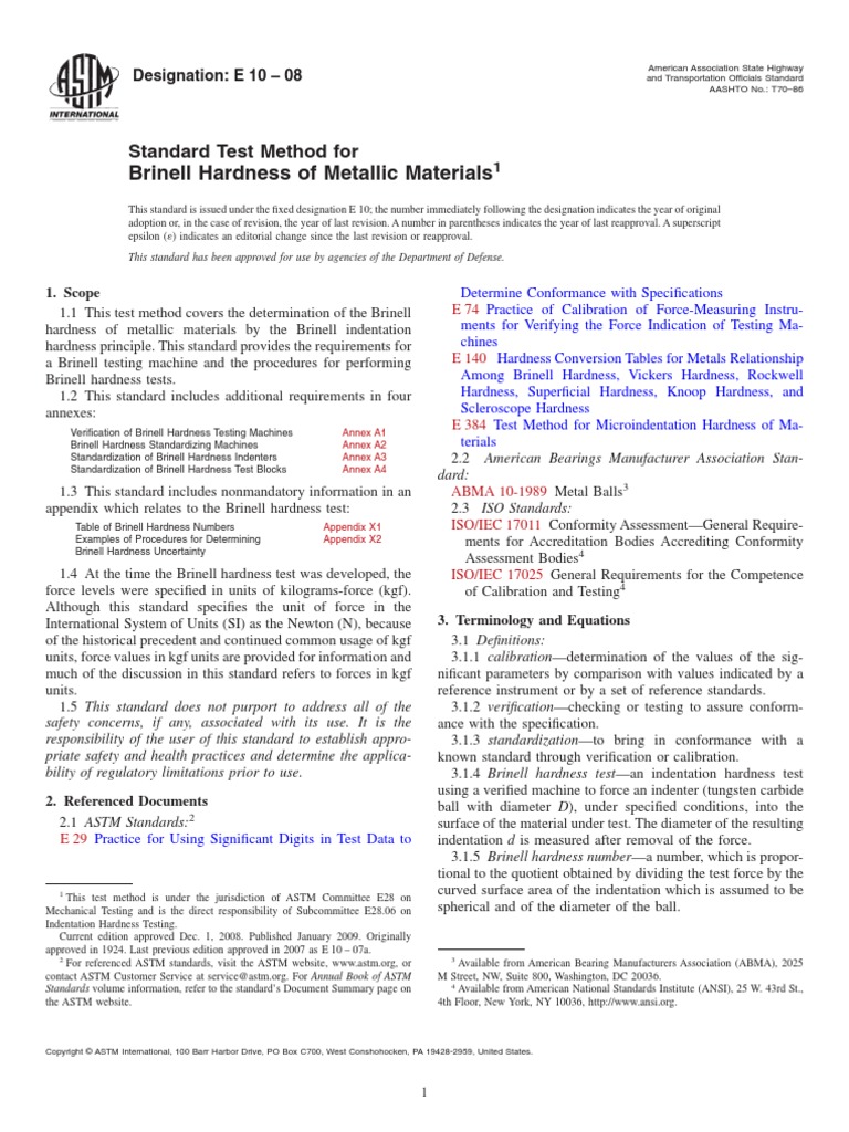 Brinell Hardness of Metallic Materials: Standard Test Method For | PDF ...