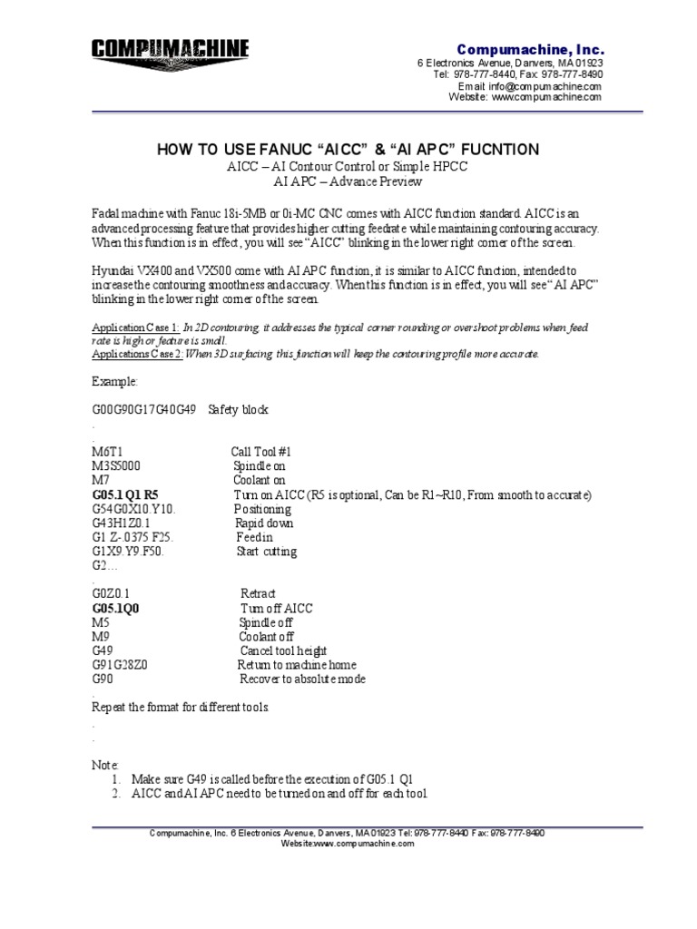 How To Use Fanuc "Aicc" & "Ai Apc" Fucntion | PDF