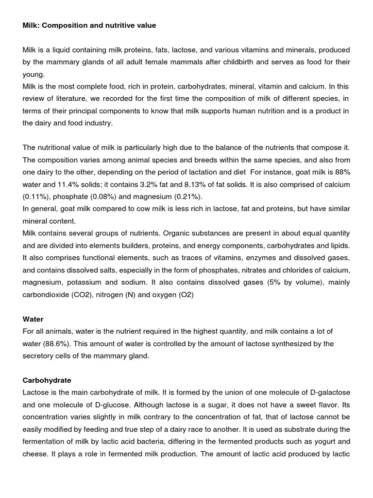 Milk Composition and Nutritional Value | PDF | Milk | Lipid