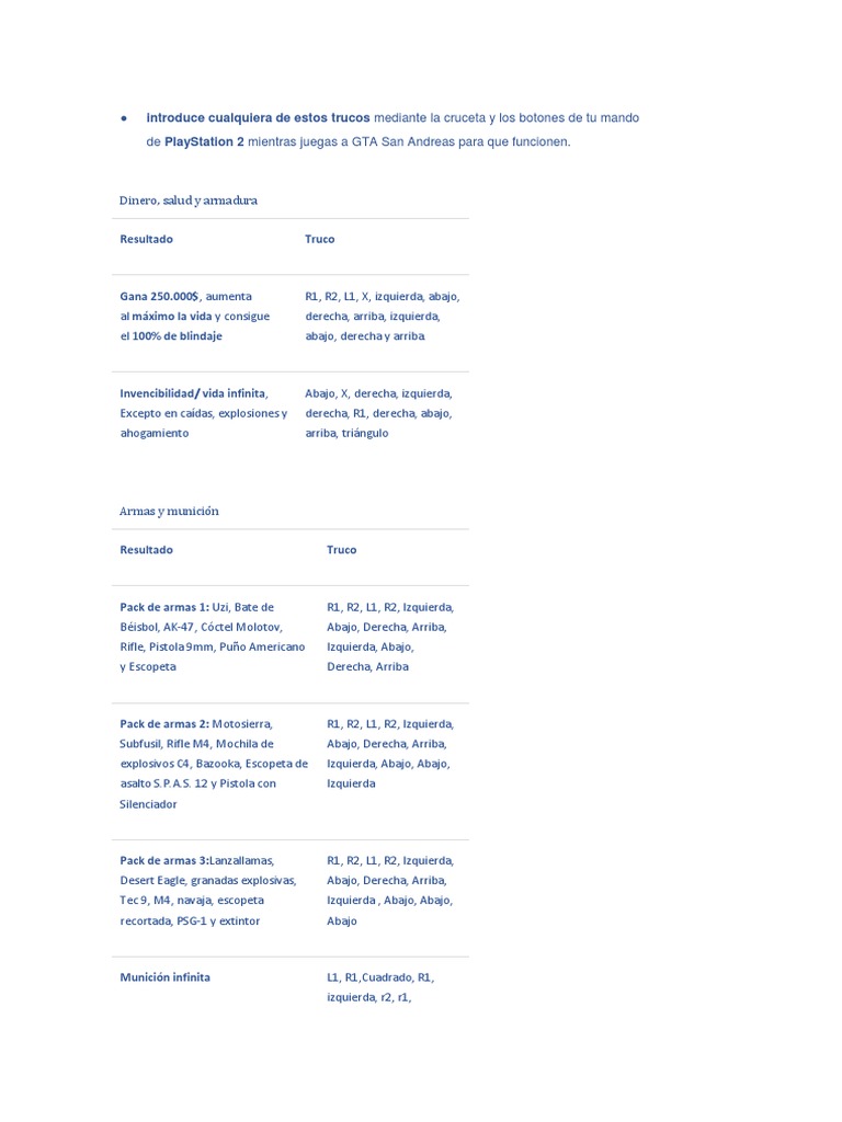 Claves de GTA San Andreas PS2 PDF Ocio Deportes