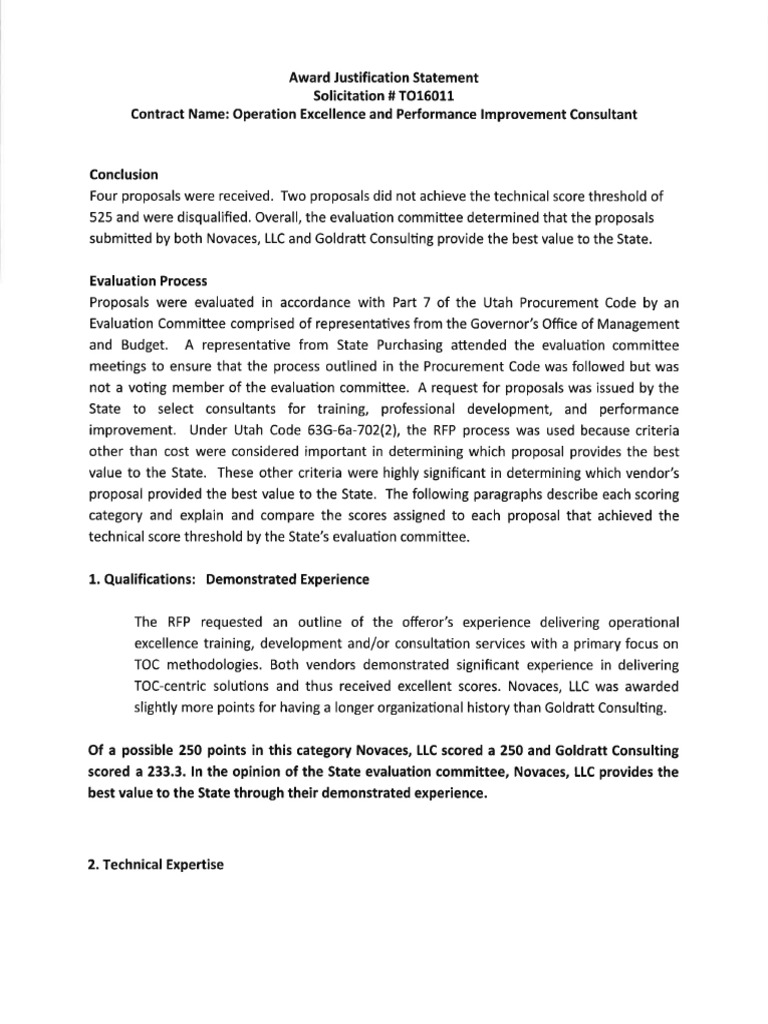 TOC Consulting Contract Justification Statement | PDF | Business