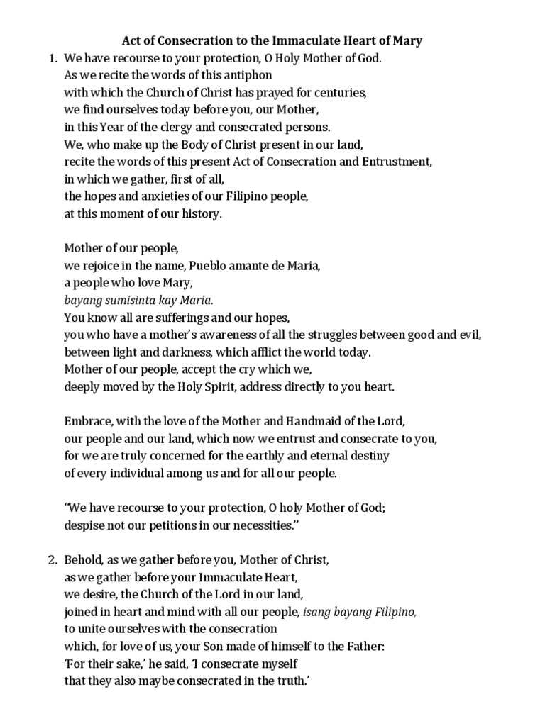 Act of Consecration To The Immaculate Heart of Mary Bayang Sumisinta