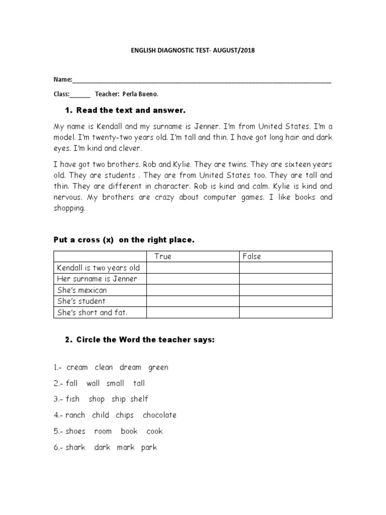 English Test for Young Students | PDF