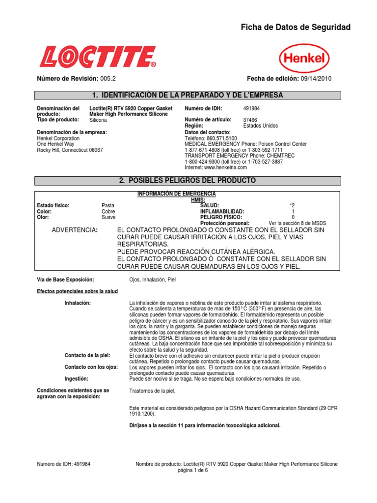 MSDS Loctite 5920 Copper PDF Formaldehído Agua
