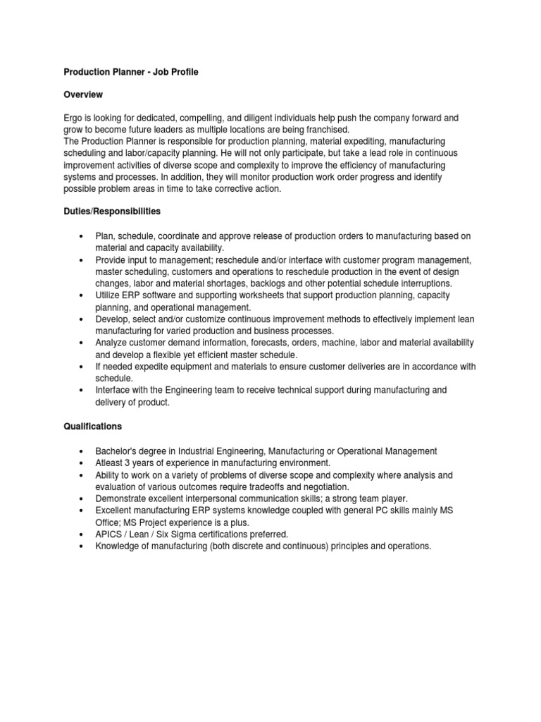 Production Planner Job Profile PDF Operations Management