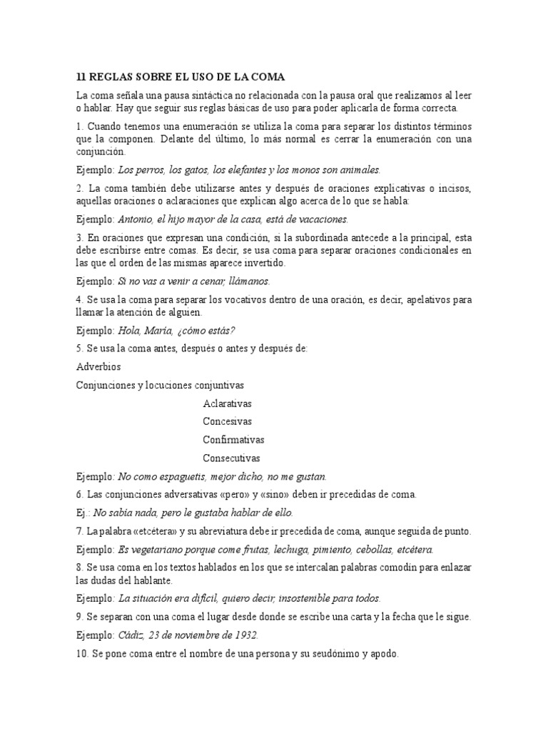 11 Reglas del Uso de la Coma | PDF | Artes del Lenguaje y Comunicación ...
